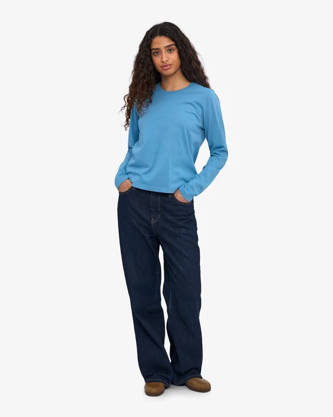 Dams T-shirt med lång ärm i ekologiskt bomull – Seaside Blue