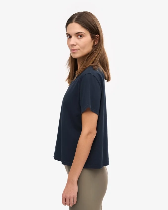 Ekologisk boxig kort T-shirt – marinblå