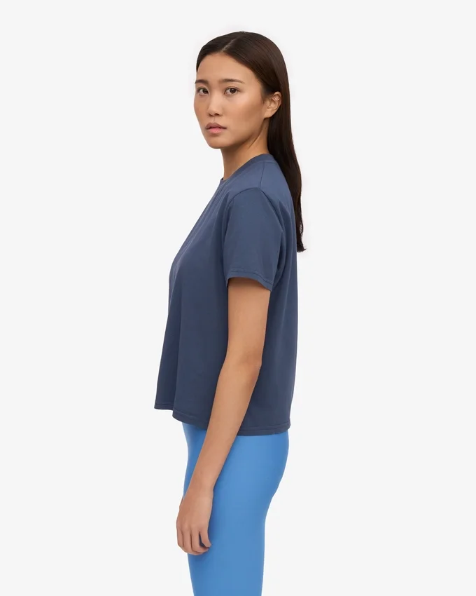 Ekologisk boxig kort T-shirt – petrolblå