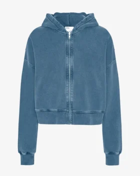 Ekologisk kort hoodie med dragkedja – blekt indigo