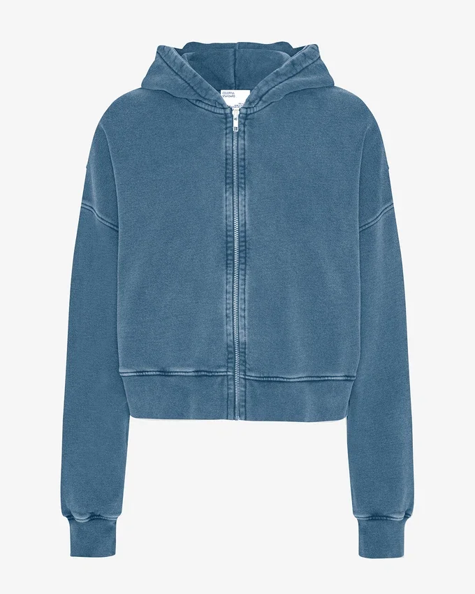 Ekologisk kort hoodie med dragkedja – blekt indigo