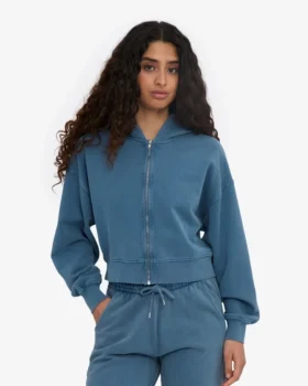 Ekologisk kort hoodie med dragkedja – blekt indigo