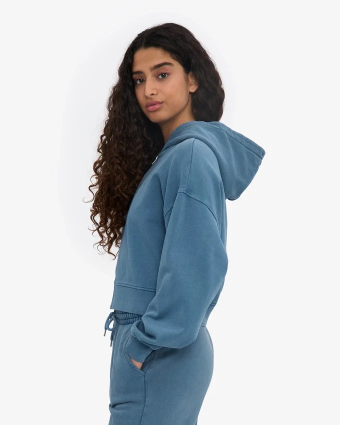 Ekologisk kort hoodie med dragkedja – blekt indigo
