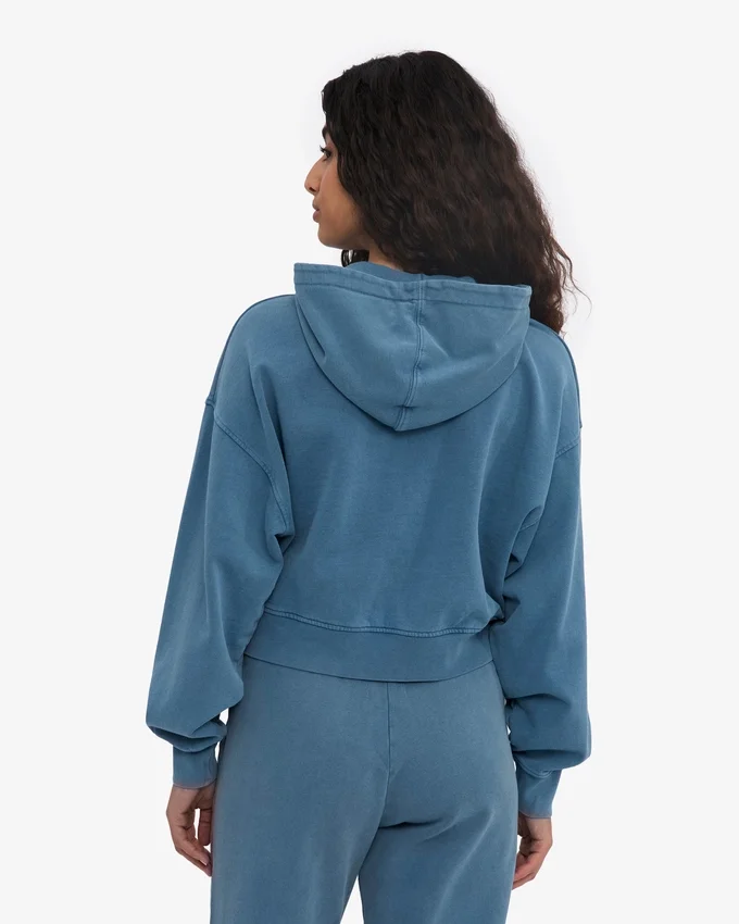 Ekologisk kort hoodie med dragkedja – blekt indigo