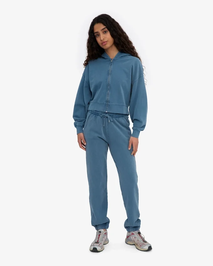 Ekologisk kort hoodie med dragkedja – blekt indigo
