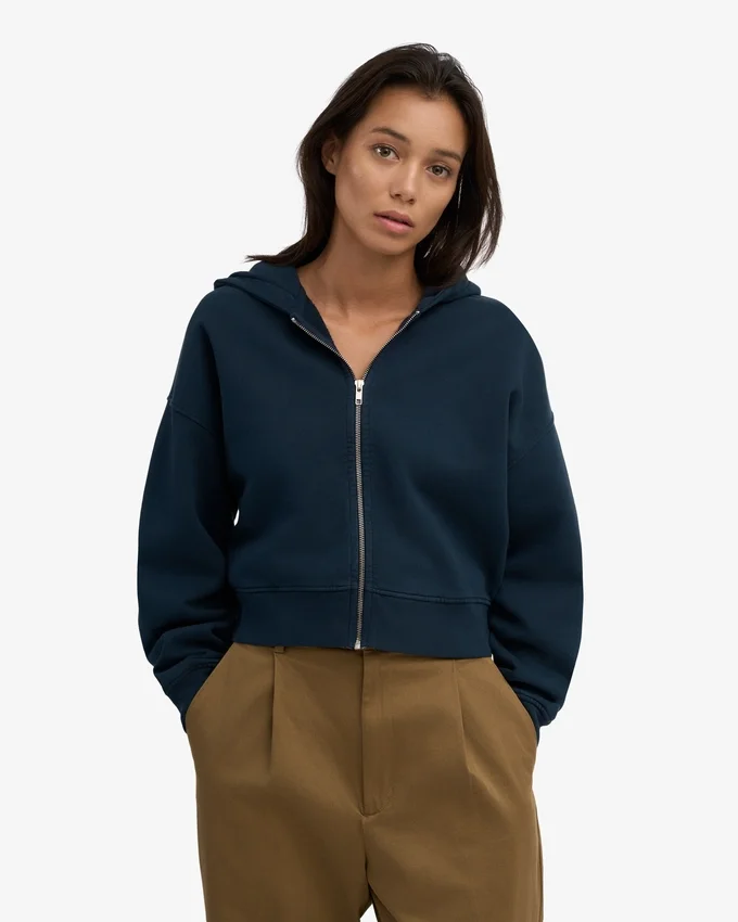 Ekologisk kort hoodie med dragkedja – marinblå