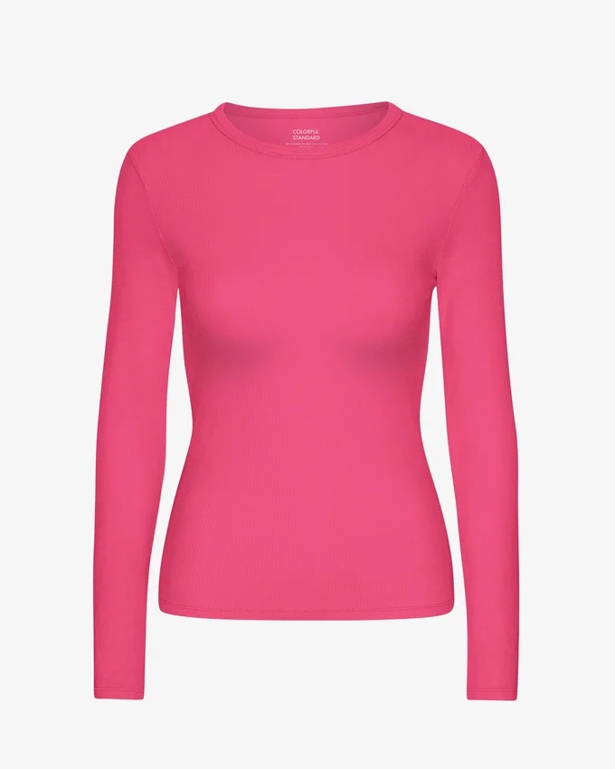 Ekologisk ribbad långärmad T-shirt för dam – Bubblegum Pink