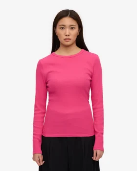 Ekologisk ribbad långärmad T-shirt för dam – Bubblegum Pink