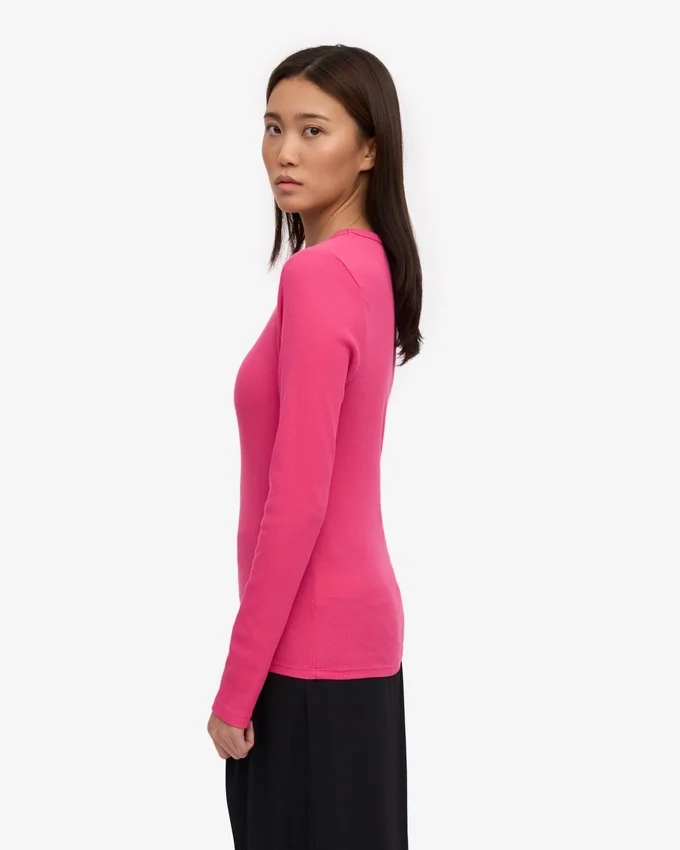 Ekologisk ribbad långärmad T-shirt för dam – Bubblegum Pink