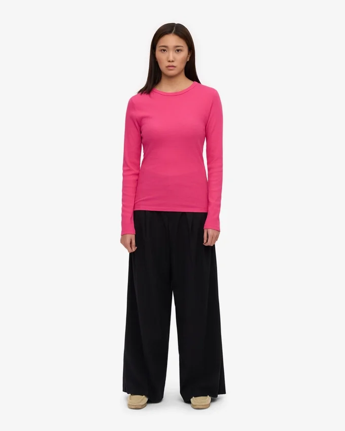 Ekologisk ribbad långärmad T-shirt för dam – Bubblegum Pink