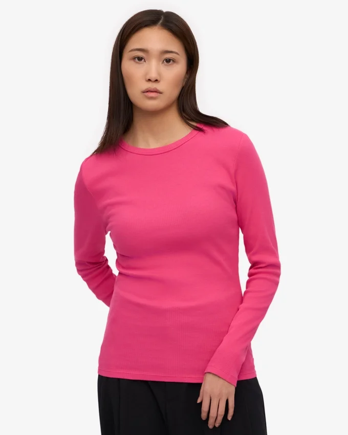 Ekologisk ribbad långärmad T-shirt för dam – Bubblegum Pink