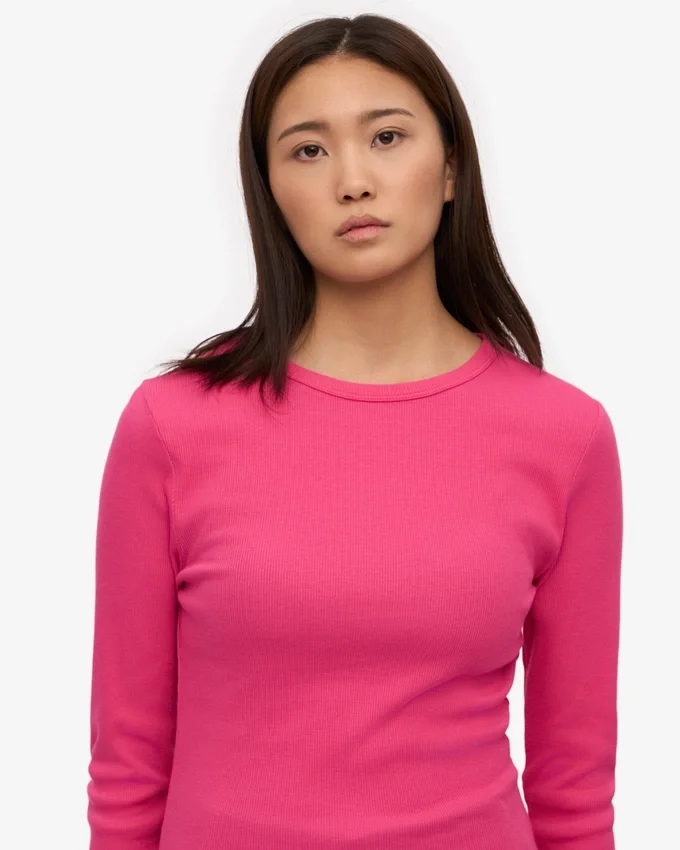 Ekologisk ribbad långärmad T-shirt för dam – Bubblegum Pink