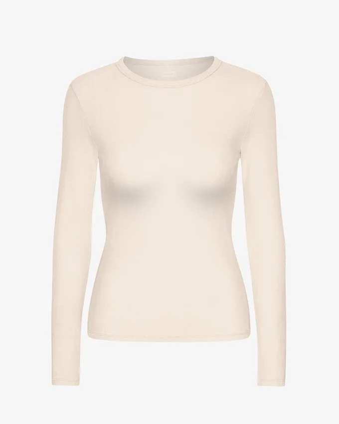 Ekologisk ribbad långärmad T-shirt för dam – Ivory White