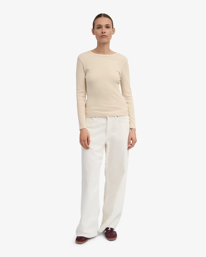 Ekologisk ribbad långärmad T-shirt för dam – Ivory White