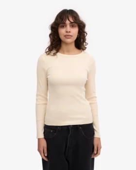 Ekologisk ribbad långärmad T-shirt för dam – Ivory White
