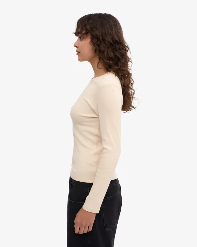 Ekologisk ribbad långärmad T-shirt för dam – Ivory White