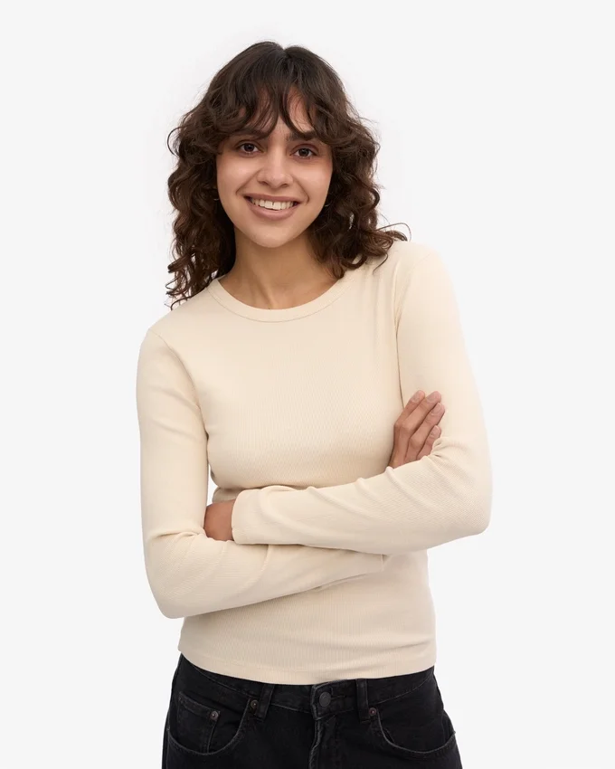 Ekologisk ribbad långärmad T-shirt för dam – Ivory White