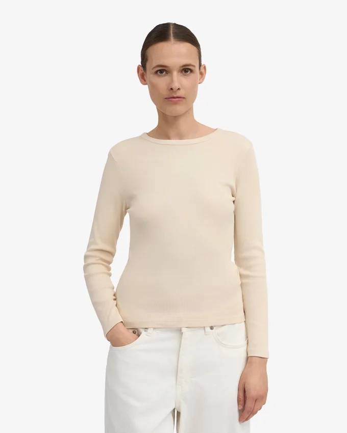 Ekologisk ribbad långärmad T-shirt för dam – Ivory White