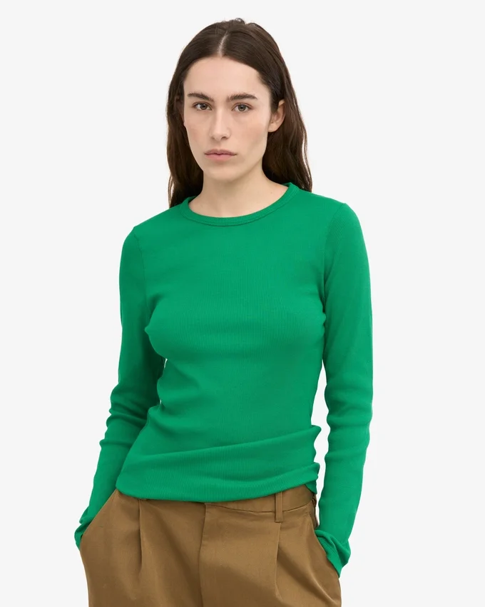 Ekologisk ribbad långärmad T-shirt för dam – kellygrön