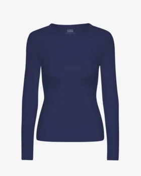 Ekologisk ribbad långärmad T-shirt för dam – marinblå