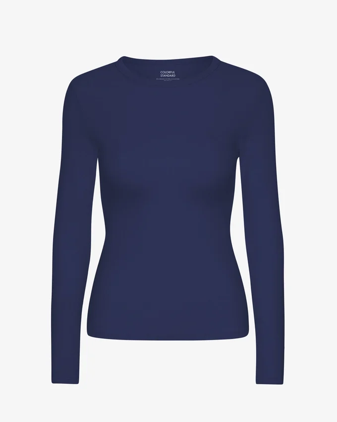 Ekologisk ribbad långärmad T-shirt för dam – marinblå