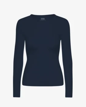 Ekologisk ribbad långärmad T-shirt för dam – marinblå
