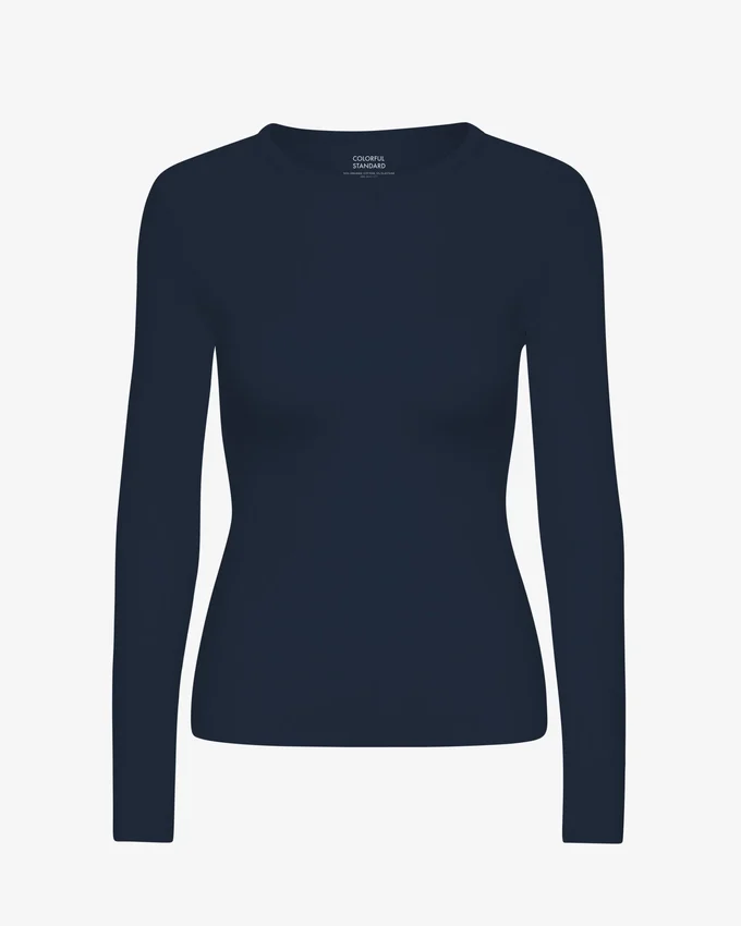 Ekologisk ribbad långärmad T-shirt för dam – marinblå
