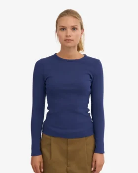 Ekologisk ribbad långärmad T-shirt för dam – marinblå