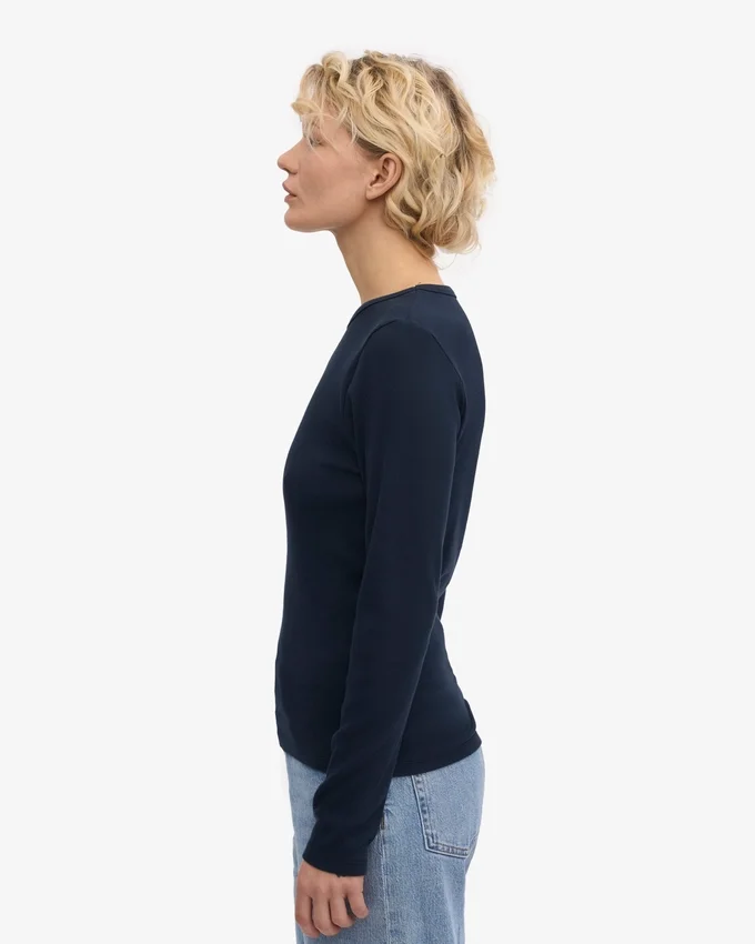 Ekologisk ribbad långärmad T-shirt för dam – marinblå