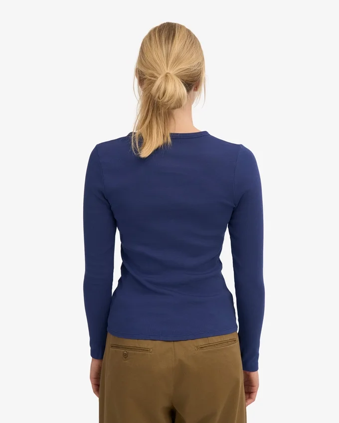 Ekologisk ribbad långärmad T-shirt för dam – marinblå