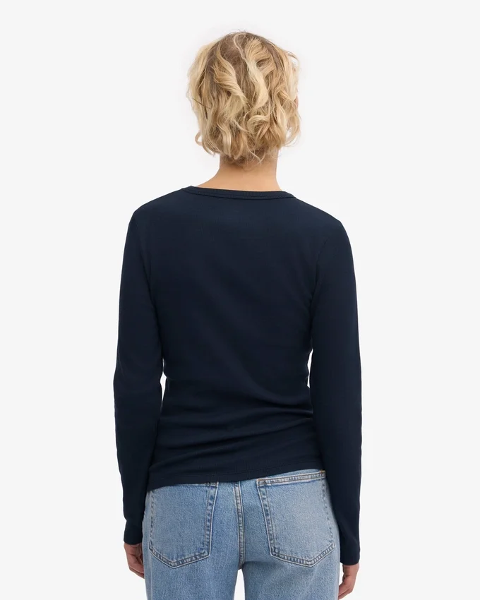 Ekologisk ribbad långärmad T-shirt för dam – marinblå
