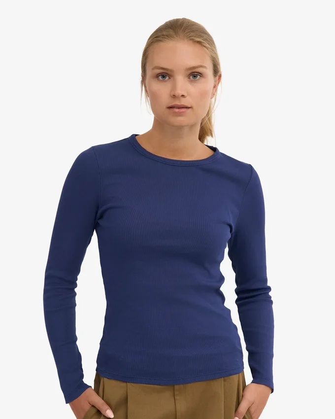 Ekologisk ribbad långärmad T-shirt för dam – marinblå
