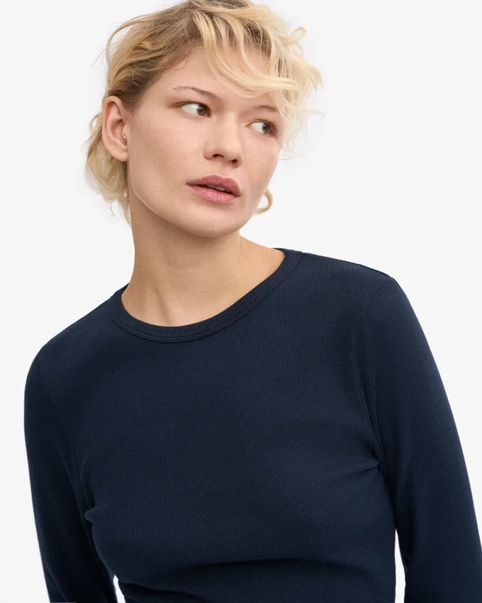 Ekologisk ribbad långärmad T-shirt för dam – marinblå