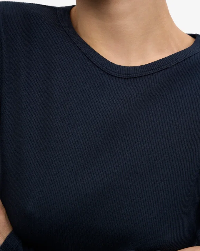 Ekologisk ribbad långärmad T-shirt för dam – marinblå
