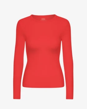 Ekologisk ribbad långärmad T-shirt för dam – Red Tangerine