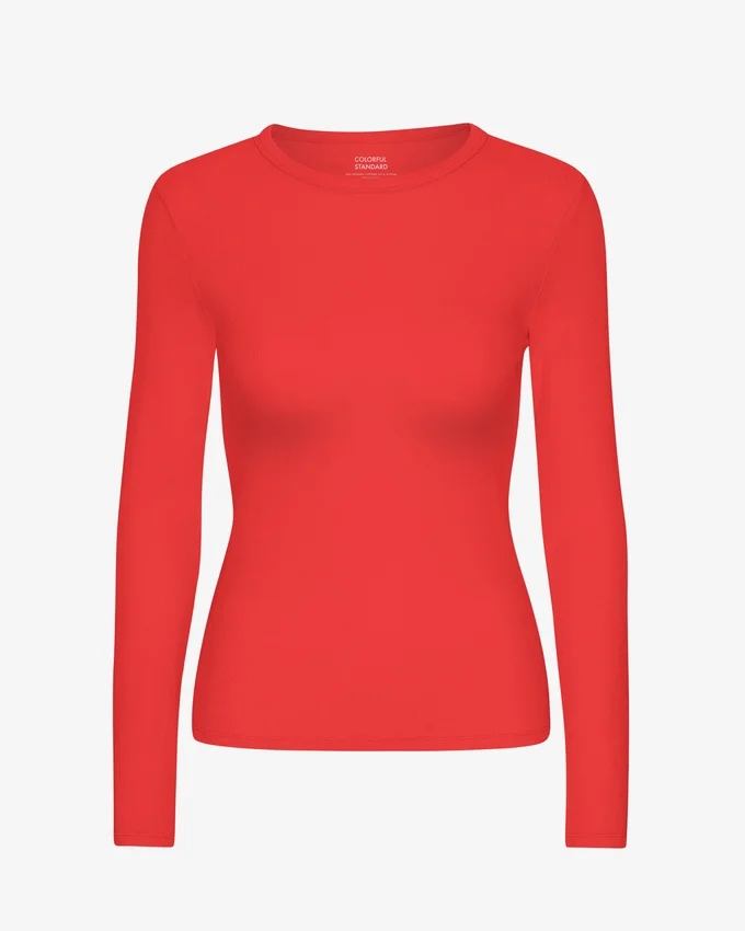 Ekologisk ribbad långärmad T-shirt för dam – Red Tangerine