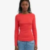 Ekologisk ribbad långärmad T-shirt för dam – Red Tangerine