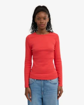 Ekologisk ribbad långärmad T-shirt för dam – Red Tangerine