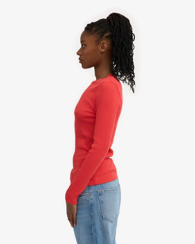 Ekologisk ribbad långärmad T-shirt för dam – Red Tangerine