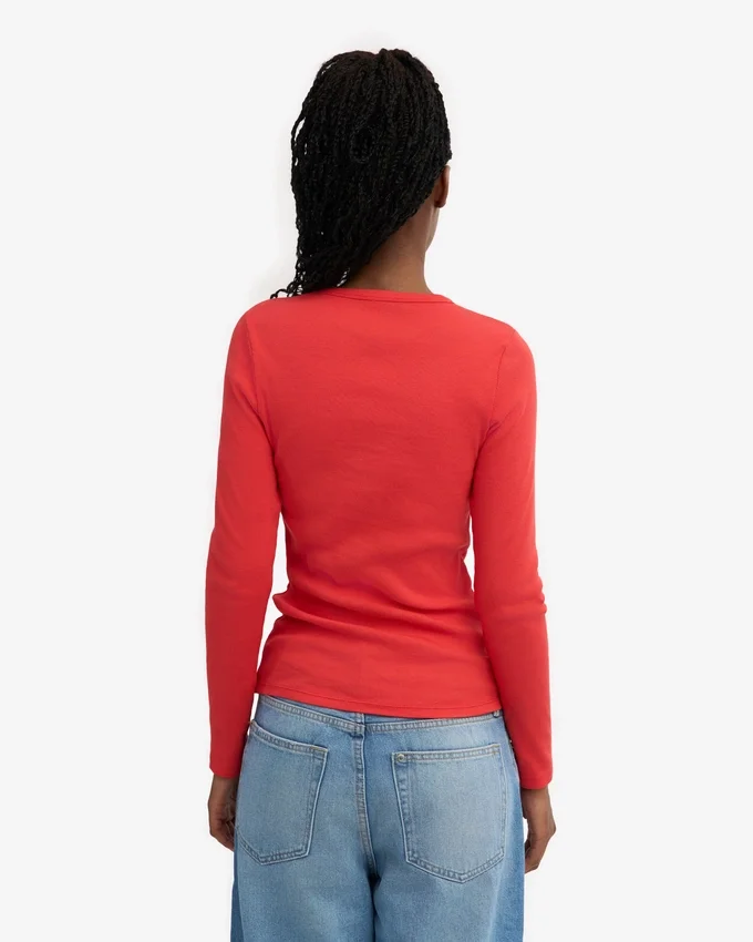 Ekologisk ribbad långärmad T-shirt för dam – Red Tangerine
