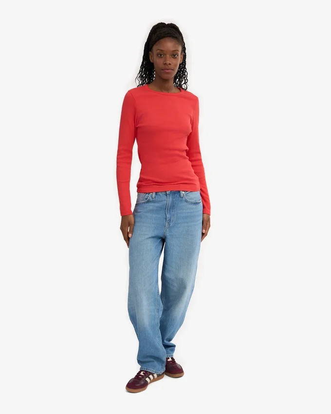 Ekologisk ribbad långärmad T-shirt för dam – Red Tangerine