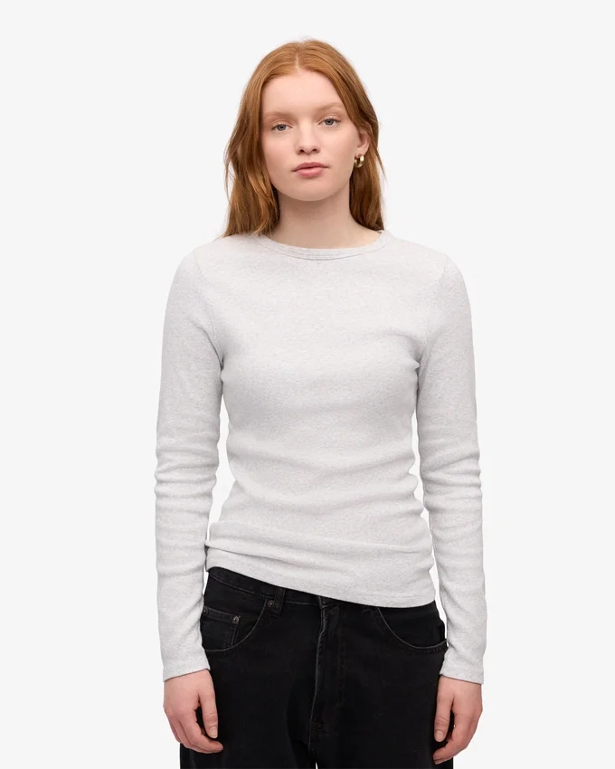 Ekologisk ribbad långärmad T-shirt för dam – Snow Melange