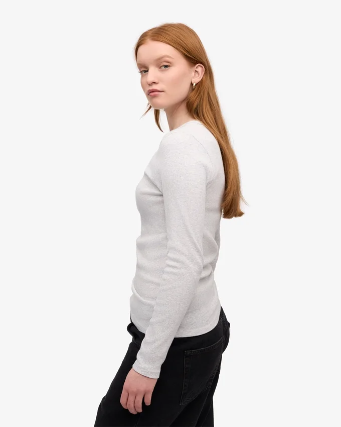 Ekologisk ribbad långärmad T-shirt för dam – Snow Melange