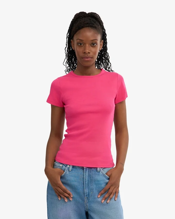 Ekologisk ribbad T-shirt – Bubblegumrosa