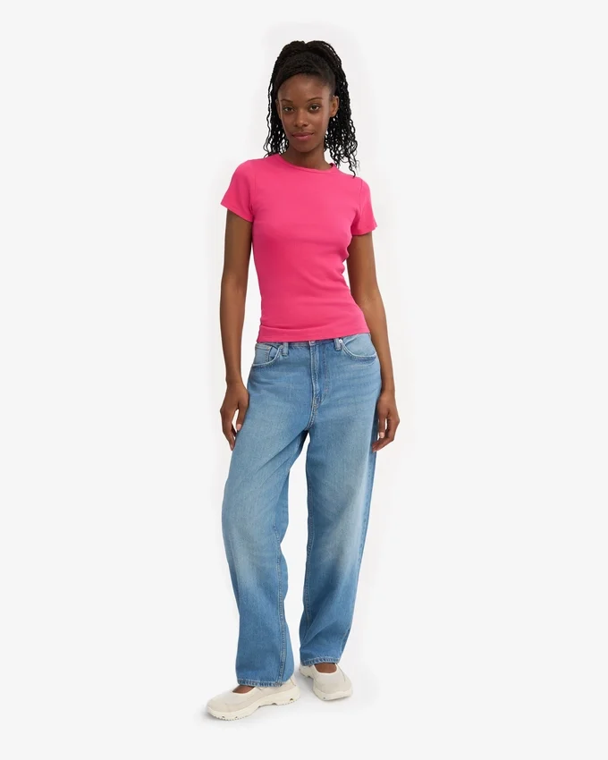 Ekologisk ribbad T-shirt – Bubblegumrosa