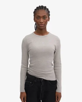 Ekologisk ribbad T-shirt med lång ärm för dam – melerad grå