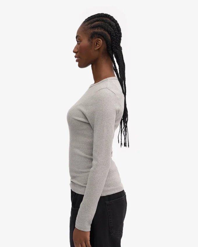 Ekologisk ribbad T-shirt med lång ärm för dam – melerad grå