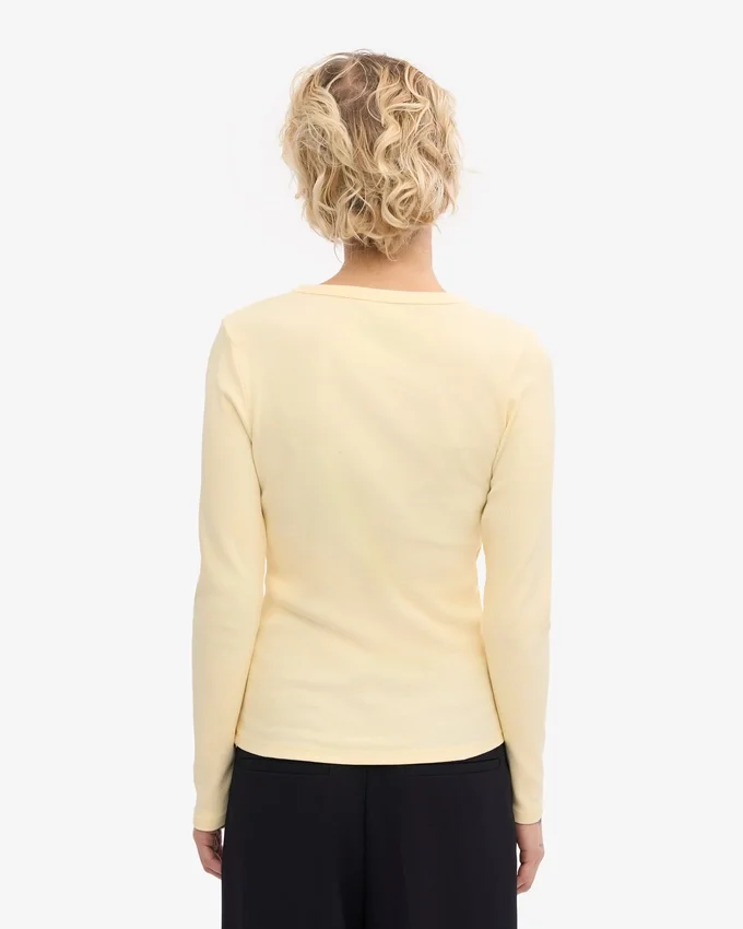 Ekologisk ribbad T-shirt med lång ärm för dam – mjukgul
