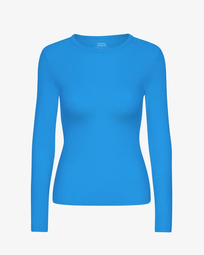 Ekologisk ribbad T-shirt med lång ärm för dam – Stillahavsblå