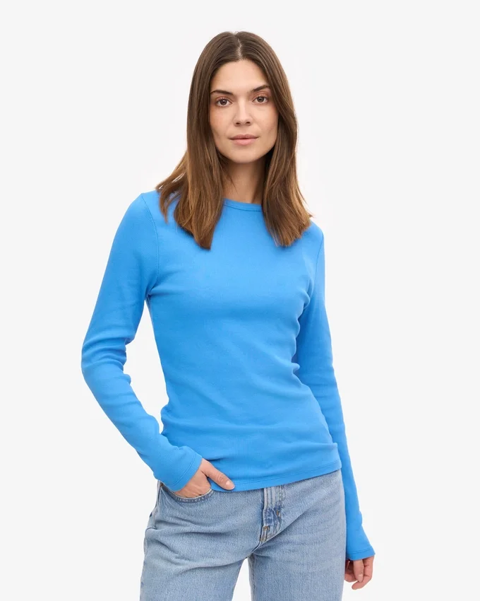 Ekologisk ribbad T-shirt med lång ärm för dam – Stillahavsblå